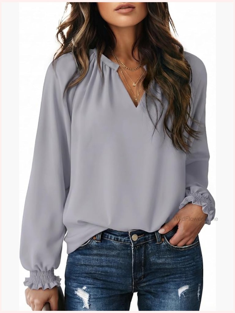 Flowy Boho V Neck Long Sleeve Blouse Tunic Dressy Casual Work Top